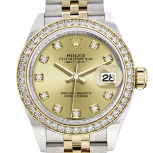 Rolex Datejust 28 Champagne Set With Diamonds Dial Diamond Bezel Yellow Gold Jubilee Ladies Watch