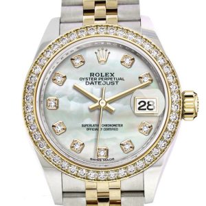 Rolex Datejust 28 White Mother-Of-Pearl Set With Diamonds Dial Diamond Bezel Yellow Gold Jubilee