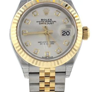 Rolex Datejust 28 Silver Diamond Dial Fluted Yellow Gold Two Tone Jubilee Ladies Watch 279173