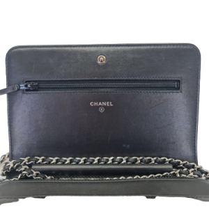 Dark Slate Gray CHANEL Wallet On Chain WOC Silver & Black