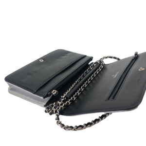 Dim Gray CHANEL Wallet On Chain WOC Silver & Black