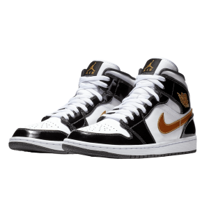 Nike Air Jordan 1 Mid Patent Black White Gold Side